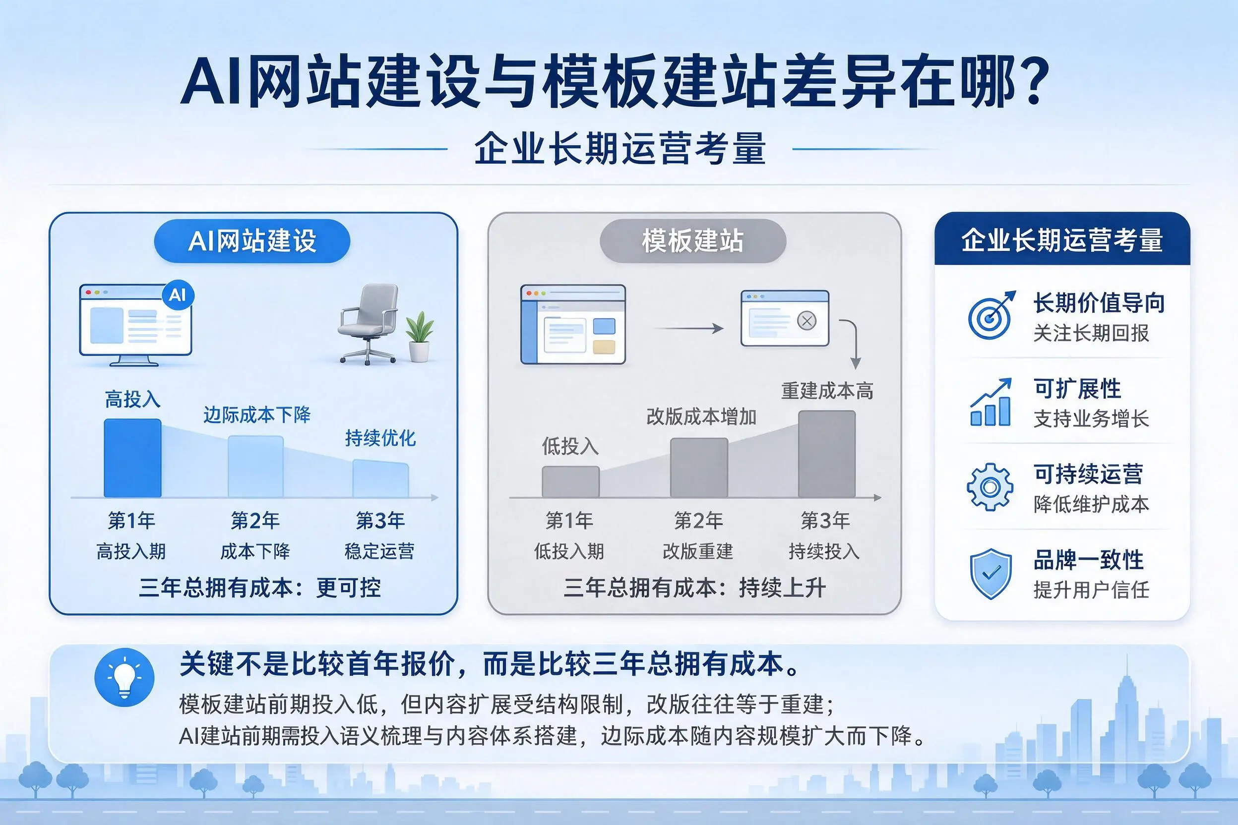 AI网站建设与模板建站差异在哪？佳木斯企业长期运营考量